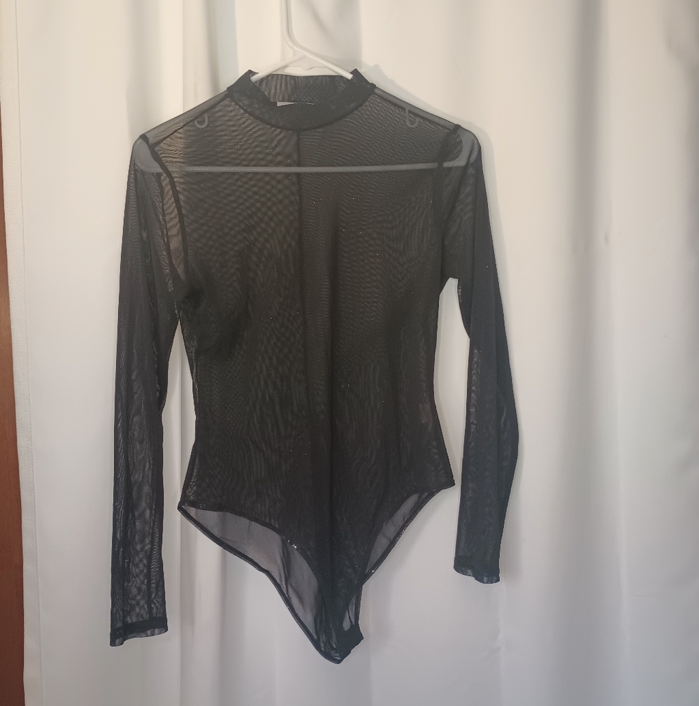 Charlotte Russe Y2K Sheer Glitter Mesh Bodysuit Medium Black Fairy Goth Club